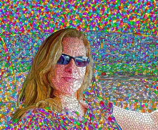 Ken Slabach; Dee, 2011, Original Digital Art, 24 x 20 inches. Artwork description: 241  Thousands of shapes and colors hand painted with a digital tablet. A friend smiling while seated in her car stands out on a surrealistic background. Signed and numbered by the artist. Includes Certificate of Authenticity. ...