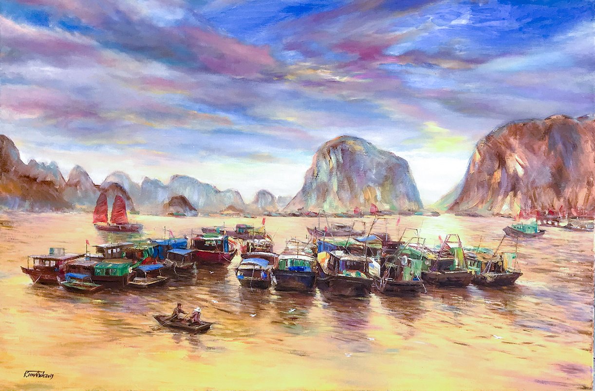 Kim Anh; Golden Halong Bay, 2019, Original Painting Oil, 120 x 80 cm. Artwork description: 241 that was captured during my short stay in Halong bay...