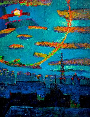 Hennadii Fisun; Lunar Halos, 2015, Original Painting Acrylic, 60 x 80 cm. Artwork description: 241  Lunar halos at night in the sky over Kiev covers houses ...