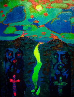 Hennadii Fisun; Scythian Night Landscape, 2015, Original Painting Acrylic, 60 x 80 cm. Artwork description: 241  Scythians guard the river and steppe landscape with mounds at night under the moon light ...