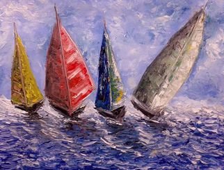 Kiran Bableshwar; Boats, 2015, Original Painting Oil, 11 x 11 inches. Artwork description: 241    The beauty of riding rough waves ...