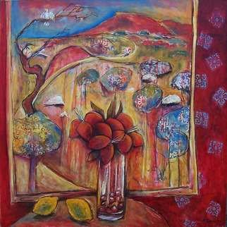 Karl James; Interior With Landscape 1, 2006, Original Painting Oil, 100 x 100 cm. Artwork description: 241 a vibrant oil on canvas depicting a still life in front of a window with a veiw of the Australian landscape...