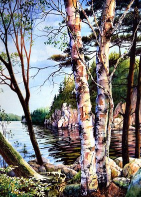 Hanne Lore Koehler; Muskoka Reflections, 2000, Original Watercolor, 32 x 40 inches. Artwork description: 241 Enormous coniferous and deciduous trees cling in every crevice to rocky cliffs that flank Six Mile Lake and hidden among the trees are various cabins, cottages and bunkies. It is a scenic lake contained in an embrace of docks with moored boats of every kind. Inevitably, every ...