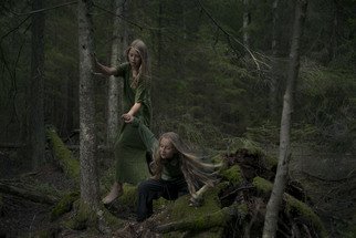 Kristina Junzell; Untitled, 2015, Original Photography Color, 120 x 80 cm. Artwork description: 241  nature, magic, woods, forest, girls, green, dark, mystery, bare foot, hair, play  ...