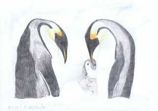 Claudia Luethi Alias Abdelghafar; Penguin Family, 2009, Original Drawing Other, 420 x 297 mm. Artwork description: 241 A little penguin family with the baby, what a wonderful moment  Drawing with colored pencil on DIN A3 paper. ...