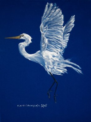 Claudia Luethi Alias Abdelghafar; White Heron On Blue Velvet, 2019, Original Painting, 60 x 80 cm. Artwork description: 241 They are so elegant  I was inspired from a white heron who was landing several times on the field in our neighbourhood. The size of the painting is without frame 60 x 80 x 2 cm and with frame 63 x 83 x 3 cm, the painting ...