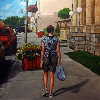 Christine Montague; Shopping On Main Street, 2010, Original Painting Oil, 24 x 24 inches. Artwork description: 241 Realistic figurative landscape scenic figurativeoil painting of a young woman teenager in summer clothes shopping on Main Street on a beautiful summer day.  Beautiful colors.  Bright blue sky, red flowers, red car....