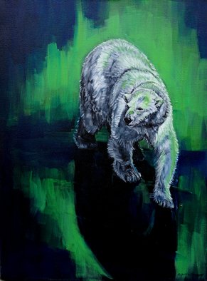 Christine Montague; In The Northern Lights, 2021, Original Painting Oil, 18 x 24 inches. Artwork description: 241 A polar bear s solitary journey is spotlit - as if flash frozen- in the stunning green light of the aurora borealis.  The conditions are perfect for our polar bear , the sea is frozen, so necessary for its success to travel, mate and hunt.I use a powerful ...