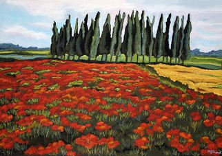 Mary Jane Erard; Poppy And Poplar, 2009, Original Pastel, 30 x 40 inches. Artwork description: 241  Landscape painting in pastel on textured paper. On display at the Toledo Museum of Art, Collectors Corner.Poppy field with graphic poplars in background.  Framed in black frame with off- white matting under UV protected glass.Also see 
