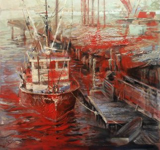 Larry Kaiser; Invalid Boat At Invalid Dock, 2005, Original Painting Oil, 26 x 26 inches. Artwork description: 241  A boat comes in for repair at a huge dock itself being repaired.  North of Boston. ...