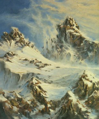 Larry Kaiser; Teton Pass, 2005, Original Painting Oil, 20 x 24 inches. Artwork description: 241  A dramatic mountain updraft sweeps snow off the mountains into a bright blue sky. ...