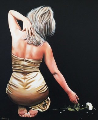 Laura Kearney; Beside A Rose, 2016, Original Painting Oil, 50 x 60 cm. Artwork description: 241  Beautiful original oil painting of a lady kneeling beside a white rose....