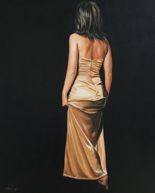 Laura Kearney; Lady In Gold, 2016, Original Painting Oil, 50 x 60 cm. Artwork description: 241  Beautiful original oil painting of a lady in a silk gold dress encompassed with blackness. ...