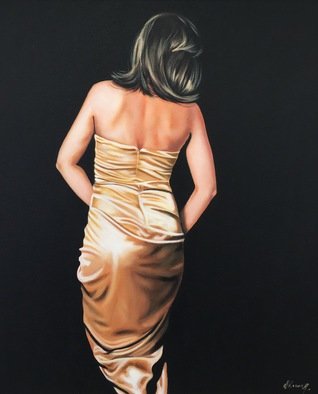 Laura Kearney; Lady In Gold Dress, 2016, Original Painting Oil, 50 x 60 cm. Artwork description: 241    Beautiful original oil painting of a lady surround by blackness revealing the gold silk of her dress. ...