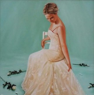 Laura Kearney; Lady In White Lace, 2016, Original Painting Oil, 50 x 50 cm. Artwork description: 241   Beautiful original oil painting of a lady in a white lace dress surrounded by scattered roses. ...