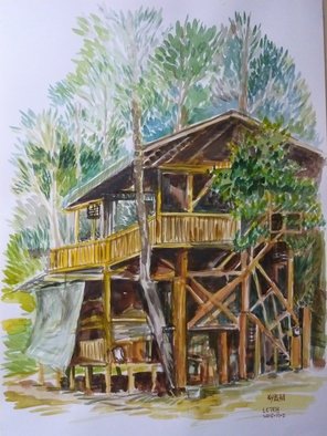 Lian-Chye Teh; Jungle House, 2015, Original Watercolor, 35 x 48 cm. Artwork description: 241  This house was built around several trees to preserve the natural feel. . . ...