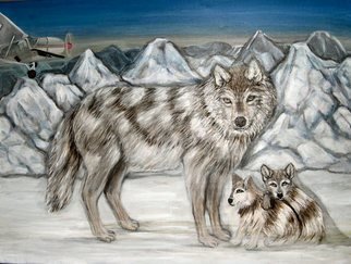 Rita Levinsohn; Aerial Killing, 2008, Original Painting Acrylic, 40 x 30 inches. Artwork description: 241  A family of wolves threatened by Aerial Hunters while grazing on preserved land in Alaska. ...