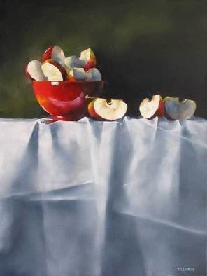 Daniele Lemieux; Apple Wedges, 2007, Original Painting Oil, 24 x 18 inches. Artwork description: 241 Unusually beautiful painting of apple pieces and a red jug on a fine tablecloth  is attractively framed in a 2- inch black wood floating frame, which will look great in any setting. ...