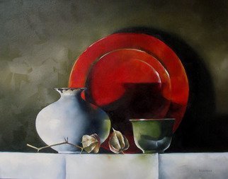 Daniele Lemieux; Polish, 2008, Original Painting Oil, 28 x 22 inches. Artwork description: 241 This dramatic painting of a vase and jug overlooked by a red plate  is attractively framed in a 2- inch black wood floating frame, which will look great in any setting. ...