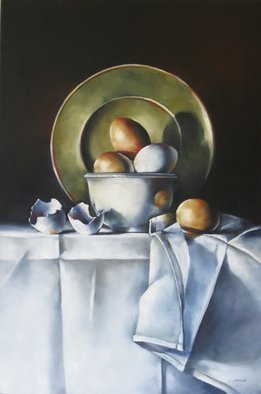 Daniele Lemieux; Simply Eggs, 2012, Original Painting Oil, 20 x 30 inches. Artwork description: 241 This engaging painting of eggs with a fine tablecloth is attractively framed in a 2- inch black wood floating frame, which will look great in any setting. ...