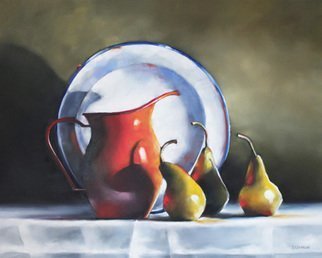 Daniele Lemieux; Still Life With Ladybug, 2014, Original Painting Oil, 30 x 24 inches. Artwork description: 241 This stunning still life with a red jug, pears and an enamelware plate  is attractively framed in a 2- inch black wood floating frame, which will look great in any setting. ...