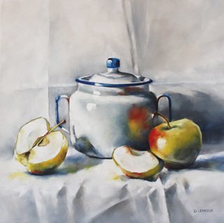 Daniele Lemieux; White Light, 2015, Original Painting Oil, 16 x 16 inches. Artwork description: 241 This delightful painting of apples and an enamelware canister is attractively framed in a 2 inch black wood floating frame, which will look great in any setting. ...