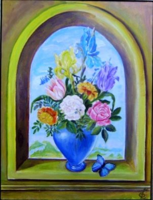 Larsen Lena; Flowers With A Blue Butterfly, 2008, Original Painting Acrylic, 60 x 80 cm. Artwork description: 241  Acrylic painting on canvas stretched on wood,  framed.  ...