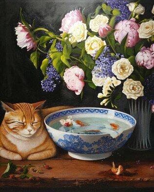Lidia Kirov; Cat Napping By Lidia Kirov, 2022, Original Painting Oil, 18 x 22 inches. Artwork description: 241 Cat napping, dreaming of fish, an oil painting, the tragic story of Caligula, my son s pet goldfish, he took a leap of faith and he was no more, ...