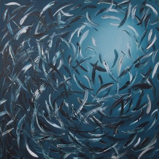 Lilu Owen; Sardines , 2014, Original Painting Acrylic, 90 x 90 cm. Artwork description: 241    Sardines Baitball - Dynamic acrylic plate knife painting inspired by nature best kept secret Waterword.Single knife strokes represent fish which gather together in desperate act of defense against predator into Bait Ball.Dynamics of the painting represent beauty and drama of this natural act.   ...