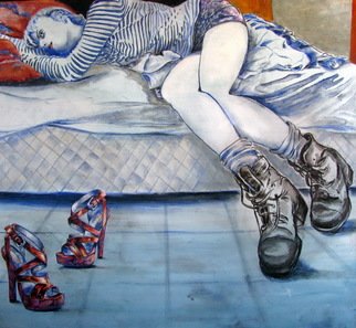 Lina Golan; New Shoes, 2012, Original Painting Oil, 90 x 80 cm. Artwork description: 241  people women shoes lonely bed atmospherelonging hope nostalgie retro ...