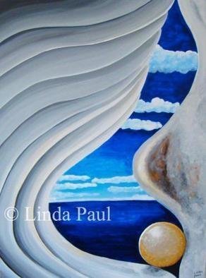 Linda Paul; Mother Of Pearl By Artist..., 2013, Original Painting Acrylic, 30 x 40 inches. Artwork description: 241  Contemporary abstract painting of an ocean view through the inside of a shell with gold pearl and blue sky ...