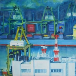 Lisa Reinke; Container Yard, 2008, Original Painting Oil, 18 x 18 inches. Artwork description: 241  A painting of my view of the Tanjong Pagar Container Terminal in Singapore. ...