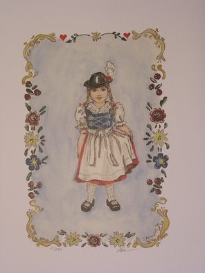 Lisa Parmeter; Bavarian Girl, 2006, Original Watercolor,   inches. Artwork description: 241   Bavarian Boy and Girl in Tole style.  Boy in traditional Bavarian lederhosen and girl in dirndl.   ...