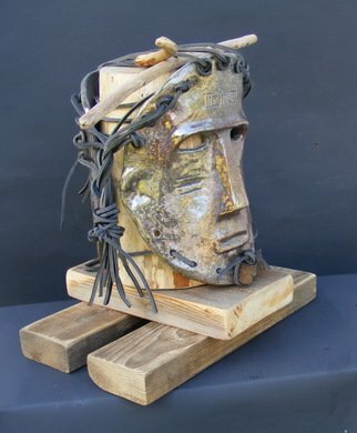 Louise Parenteau; Chandu, 2014, Original Sculpture Ceramic, 35 x 36 cm. Artwork description: 241  Mixed media: Ceramic, wood, leather.                     mask, african, art, sculpture, ethnic, raku, ceramic, wall sculpture,   ...