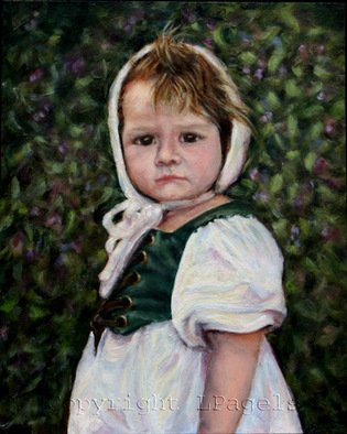 Laurie Pagels; Age Of Innocence, 2008, Original Painting Oil, 8 x 10 inches. Artwork description: 241 2008 National Small Oil Painting Competition. Little Girl, white dress, bonnet, renaissance, white, green, brown, blue, pink, child  ...