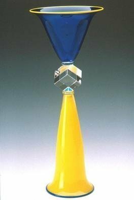 Lawrence Tuber, Vessel Family, 2002, Original Glass Blown, size_width{Cobalt_and_Yellow_Double_Cone_Cube_Sculpture-1067707100.jpg} X 22 inches