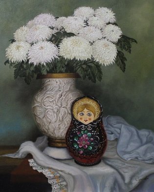 Luiz Henrique Azevedo; Matrioska, 2015, Original Painting Oil, 33 x 41 cm. Artwork description: 241  A Russian doll and chrysanthemums ...