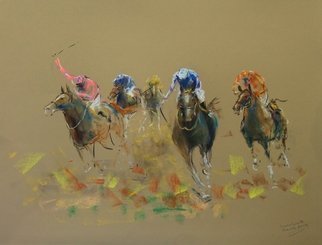 Tom Lund-Lack; Energy 27, 2019, Original Pastel, 50 x 70 cm. Artwork description: 241 Harder to do than they look, no mistakes allowed.  In this series of pastels the title reflects the energy of the sport of horse racing and the execution of the piece.  The support is 300GSM Mi Teintes pastel paper.  This is a somewhat disorganised field of scattred ...