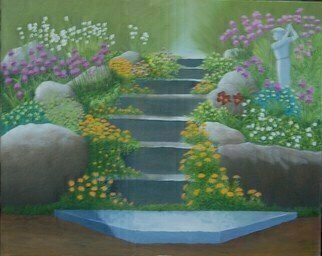 Lora Vannoord; Anns Garden, 2018, Original Painting Oil, 20 x 16 inches. Artwork description: 241 Original oil painting on Canvas Board of Ann s lovely spring garden featureingthe steps to her home and a statue of a gulfer, that reminder everyone of her husband who loved his gulfing...