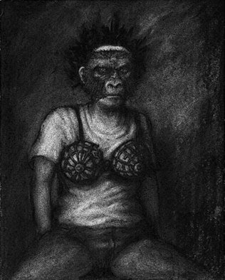 Lynette Vought; The Fitting Room, 2007, Original Drawing Charcoal, 8 x 10 inches. Artwork description: 241  A girl wearing a gorilla mask, looking in amirror ...