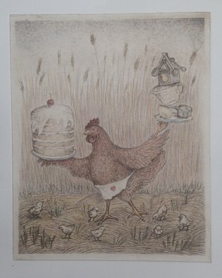 Lynette Vought; The Mighty Red Hen, 2015, Original Printmaking Etching, 8 x 10 inches. Artwork description: 241  Fairy Tale, Feminist, Chicken, chicks, Hay, wheat, cake, baking,  ...