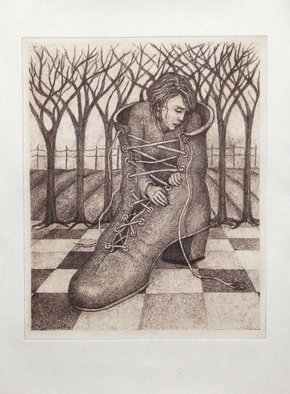 Lynette Vought; The Old Woman In The Shoe..., 2013, Original Printmaking Etching, 8 x 10 inches. Artwork description: 241  Fairy tale, feminist, woman emerging, nature, trees, shoe, perspective, magic realism ...