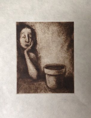 Lynette Vought; Watched Pot, 2015, Original Printmaking Etching, 4 x 5 inches. Artwork description: 241    Fairy Tale, Feminist, Starlings, college, university, bar life,   Waiting, plant, empty pot, watching, woman  ...