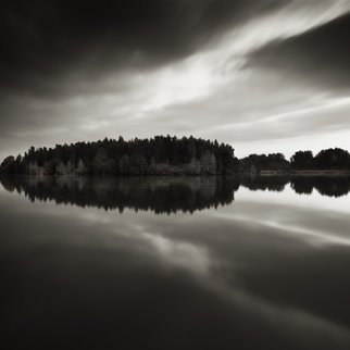 Jaromir Hron; Reflection, 2011, Original Photography Black and White, 600 x 600 mm. Artwork description: 241   water, lake, trees, autumn, morning, landscape, nature, monochrome, b& w ...