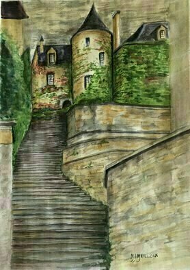 Mary Jean Mailloux; La Roque Gageac, 2021, Original Watercolor, 11.5 x 14.5 inches. Artwork description: 241 Centuries old structures built right into the majesctic cliffs of La Roque Gageac, tempt the viewer to imgagine who lives at the top of theses winding staircases up to fanciful towers and lush gardens. The Dordogne River flows just in front. ...