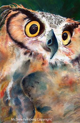 Michele Feinberg; Give A Hoot, 2006, Original Watercolor, 19 x 27 inches. Artwork description: 241  Impressionistic watercolor painting of an owl with piercing eyes.  ...