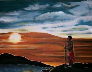 Mamu Art; Der Krieger, 2010, Original Painting Acrylic, 80 x 60 cm. Artwork description: 241  Einsam steht der stolze Massai am Wasser. Nur kurz schaut er auf den Sonnenuntergang, um dann seine Wanderung durch die afrikanische Wildnis fortzusetzen. ...