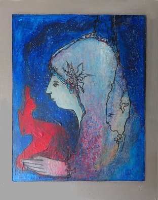 Margaret Stone; Storytime, 2016, Original Mixed Media, 11 x 14 inches. Artwork description: 241  This painting is acrylic and Ink.  Perhaps she is magical in a sense, a child of the cosmos.  She just evolved as I painted, out of the layers of colors and forms.  This painting is on a prepared panel and is mounted on a stretched canvas ready ...