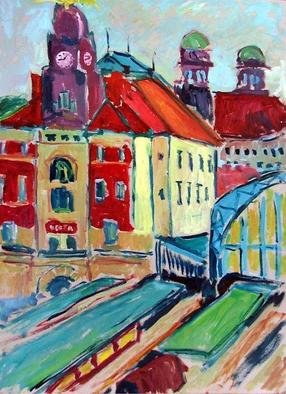Marko Janicki; Main Railway Station 2, 2004, Original Painting Oil, 50 x 70 cm. Artwork description: 241 This is the main railway station in Prague, a nice Art Nouveau building, on September 2004, 8- 9 o' clock in the morning. ...