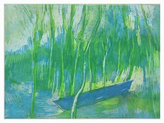 Martha Hayden; The Blue Canoe, 2008, Original Printmaking Etching - Open Edition, 12 x 9 inches. Artwork description: 241    Landscape, Wisconsin, Wisconsin artist, woman painter, color, composition, trees, rural, outdoor, water, boating, recreation, color etching and acquatint        ...